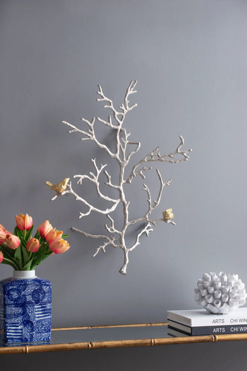 Metal Branch Wall Sculptures With Bird Accents (Set of 2) - Silver Multi by HouseOfZazla