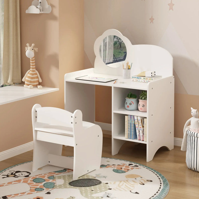 Kids Vanity Table With Mirror And Chair, Dressing Makeup Desk With Storage Shelves - White by HouseOfZazla