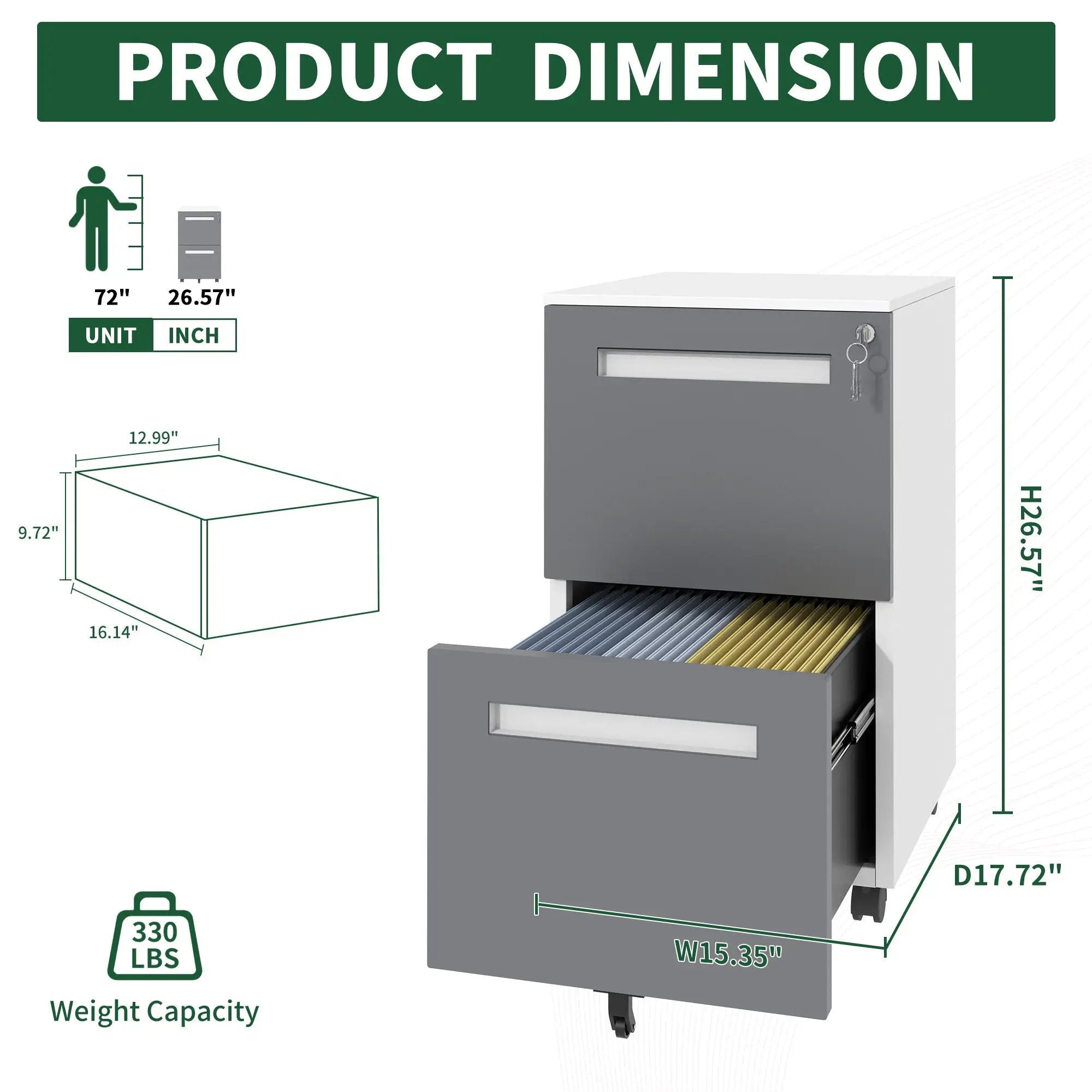 2-Drawer Mobile File Cabinet With Lock,On 360° Wheels, Holds A4/Letter/Legal Files - White by Unique Piece Furniture