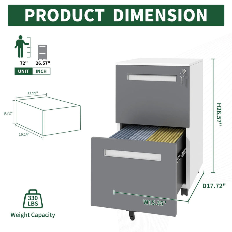 2-Drawer Mobile File Cabinet With Lock,On 360° Wheels, Holds A4/Letter/Legal Files - White by Unique Piece Furniture
