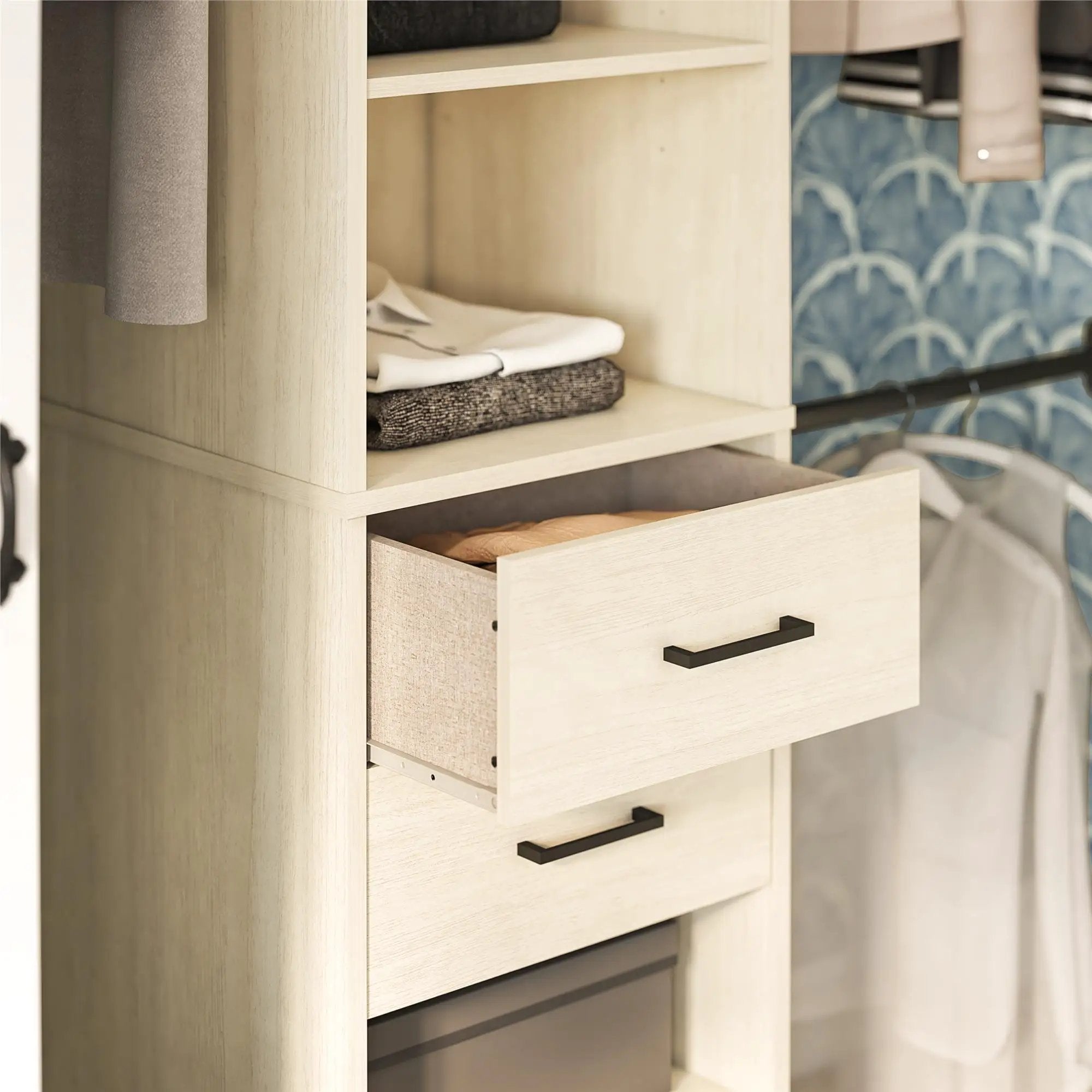 Kelly - 5 Shelf 2 Drawer Closet Organizer With 3 Adjustable Hanging Rods - Ivory by Unique Piece Furniture