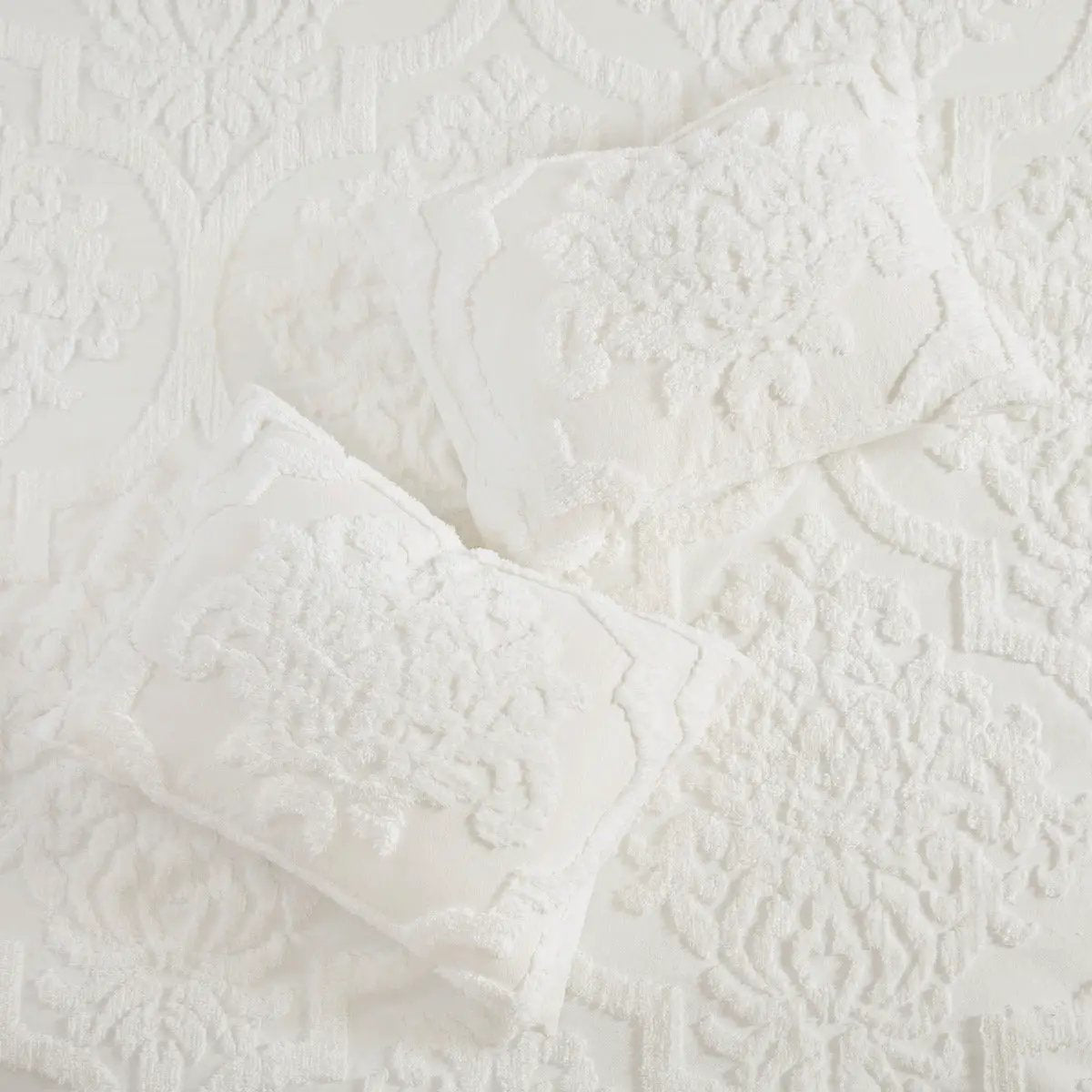 3 Piece Tufted Cotton Chenille Damask Comforter Set Off-White King/Cal King by HouseOfZazla