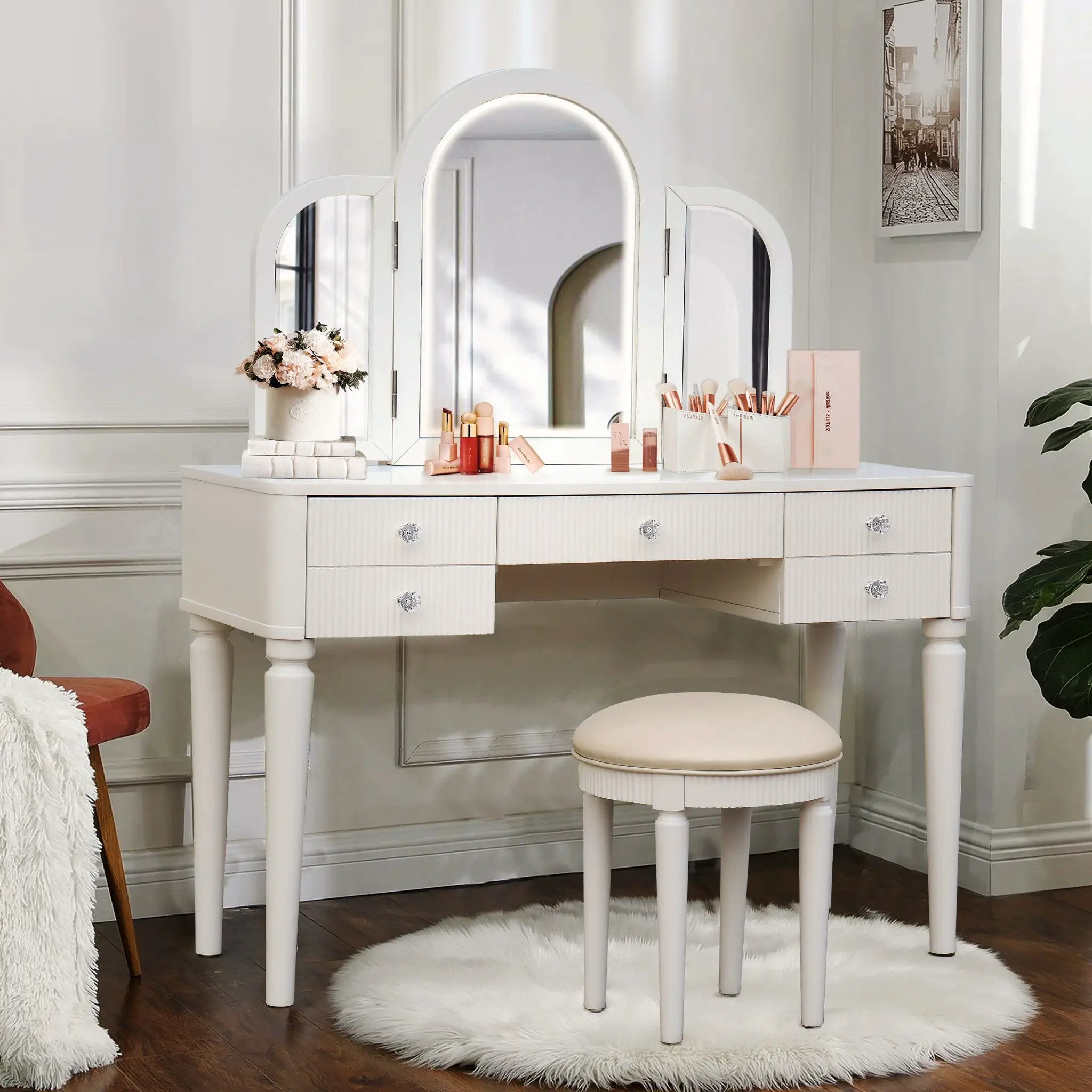 Mirrored Makeup Vanity Table Set With Adjustable Lighting And Storage by HouseOfZazla