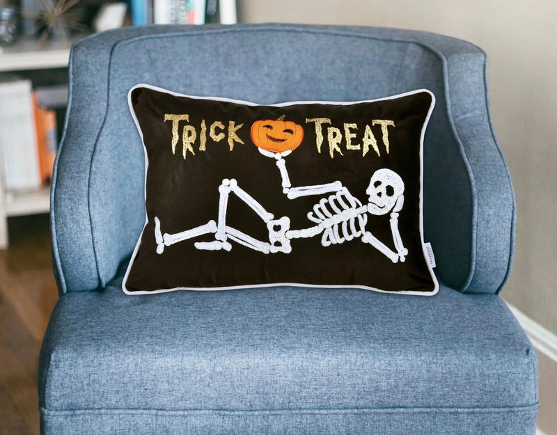 Trick or Treat Skeleton Velvet Throw Pillow Set of 2 by HouseOfZazla