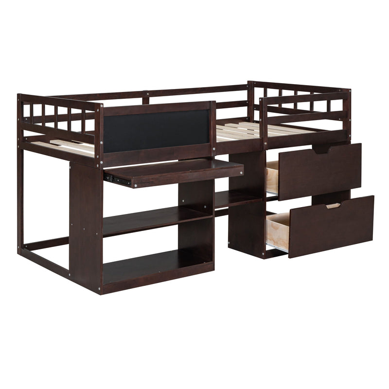 Low Loft Bed With Rolling Desk, Shelf And Drawers by HouseOfZazla