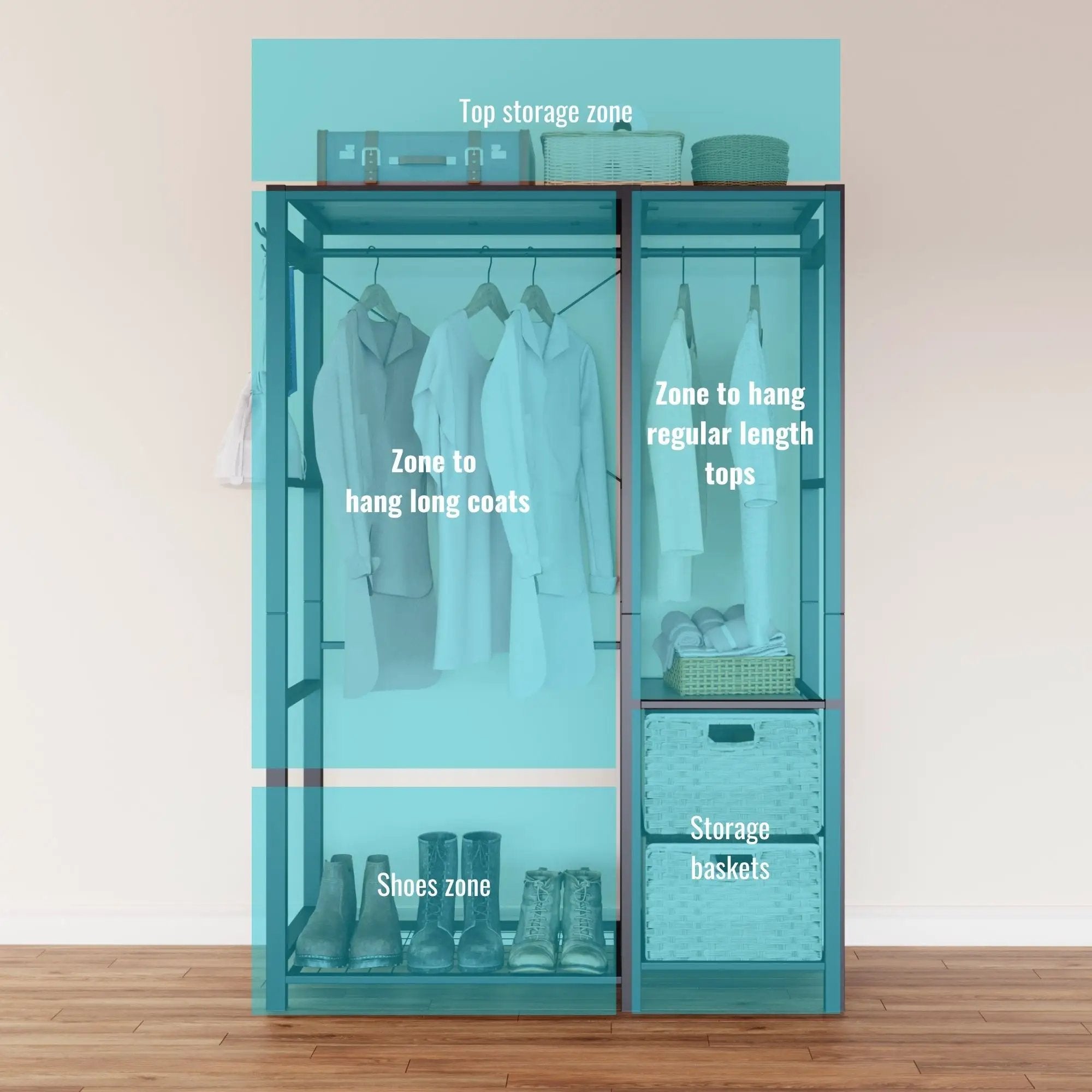 Garment Rack With Shelves, 2 Wicker Drawers, 4 Hooks, Organizer by Unique Piece Furniture