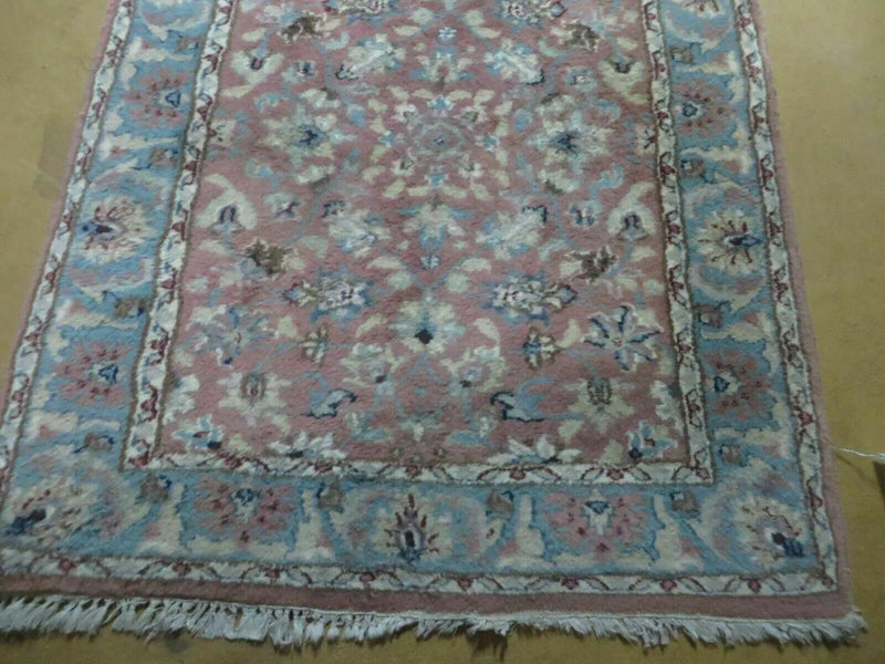 Indo Persian Runner Rug 2.8 x 12, Wool Hand Knotted, Pink and Light Blue by Jewel Rugs