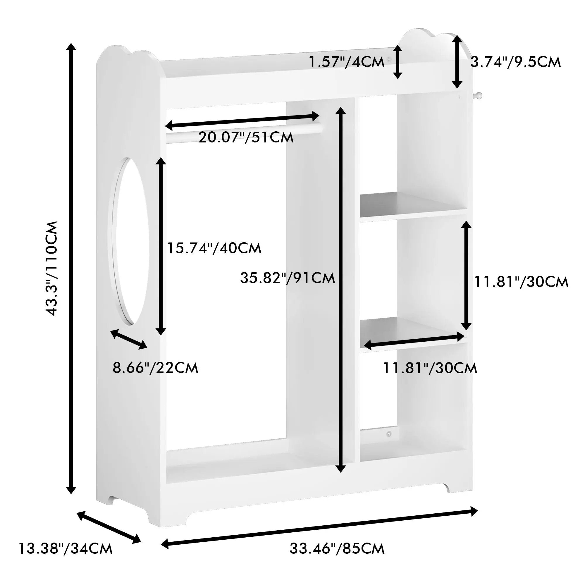 Dress Up Storage With Mirror And Hooks, Clothes Rack With Hanging Rod, 3 Side Hooks, Open Shelves, Top Shelf Organizer - White by Unique Piece Furniture