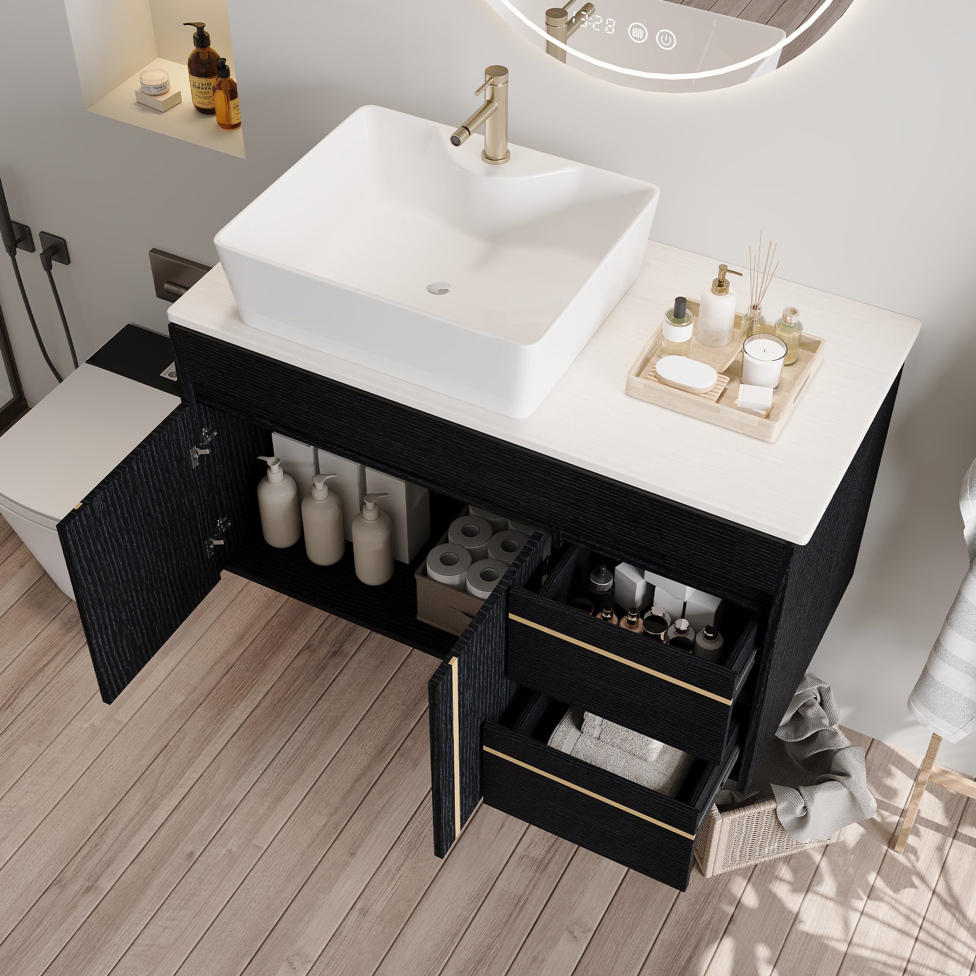 36" Wall-Mounted Bathroom Vanity with Vessel Ceramic Sink & Plywood Countertop by HouseOfZazla