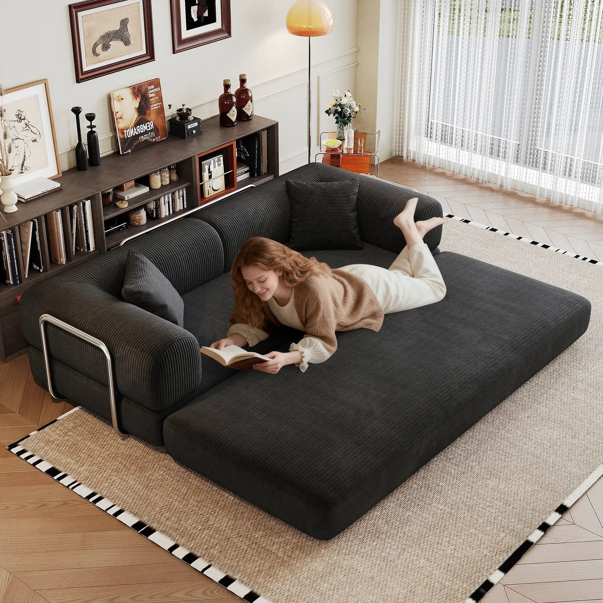 78.8' Compression Sofa,Convertible Floor Sofa Bed-with Pillow Back Support Armrest,Comfy Futon Couch Sleeper Bed,Loveseats Boneless Modular Sectional Sofa,Corduroy fabric,for Living Room,Bedroom,Black by HouseOfZazla