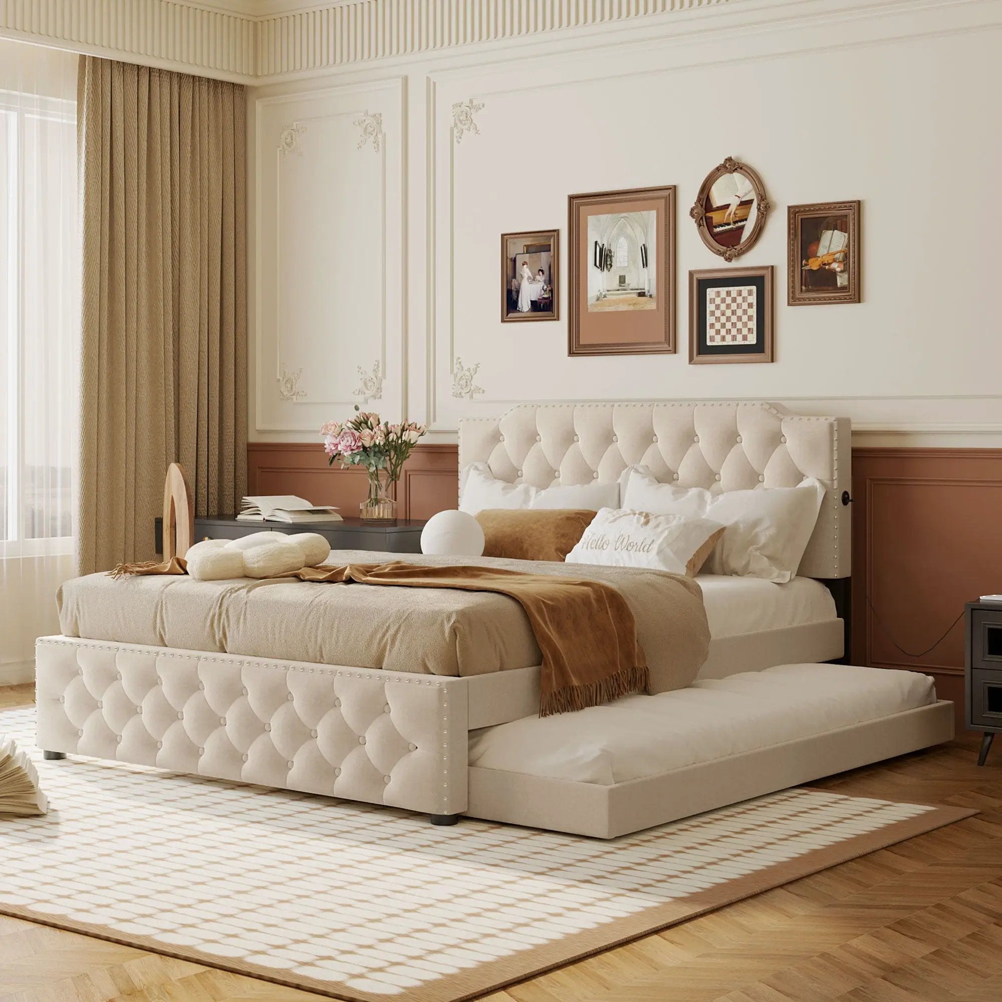 Upholstered Platform Bed With Trundle And 2 Sets Of USB Ports On Each Side, Fabric by HouseOfZazla