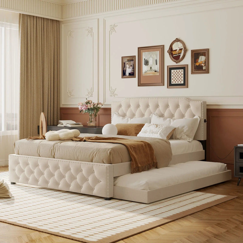 Upholstered Platform Bed With Trundle And 2 Sets Of USB Ports On Each Side, Fabric by HouseOfZazla