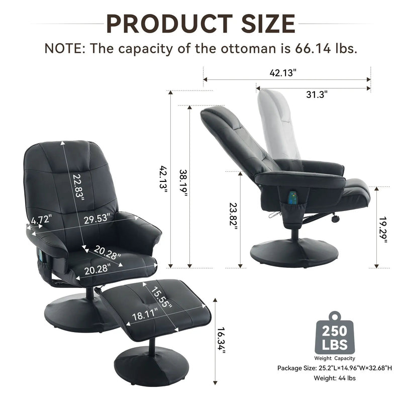 360° Swivel Reclining Chair With Wrapped Base, 5 Point Vibration Massage by Unique Piece Furniture