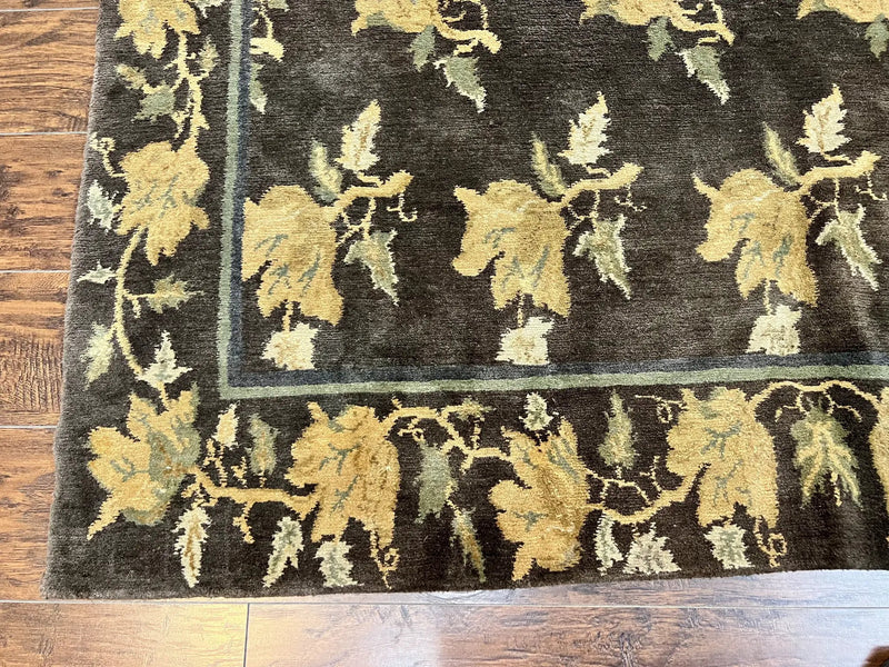 Tibetan Nepal Rug 6x9, Wool Hand Knotted Vintage Carpet 6 x 9, Dark Green & Golden Yellow, Floral Bouquets by Jewel Rugs