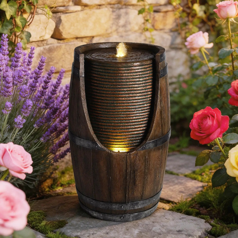 Outdoor Barrel Water Fountain with Rustic Wood Look Resin by HouseOfZazla