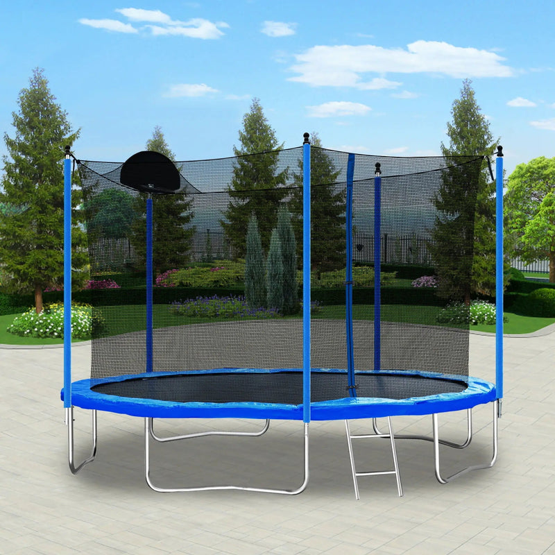 12Ft Trampoline For Adults & Kids With Basketball Hoop, Outdoor Trampolines With Ladder And Safety Enclosure Net For Kids And Adults - Blue by HouseOfZazla