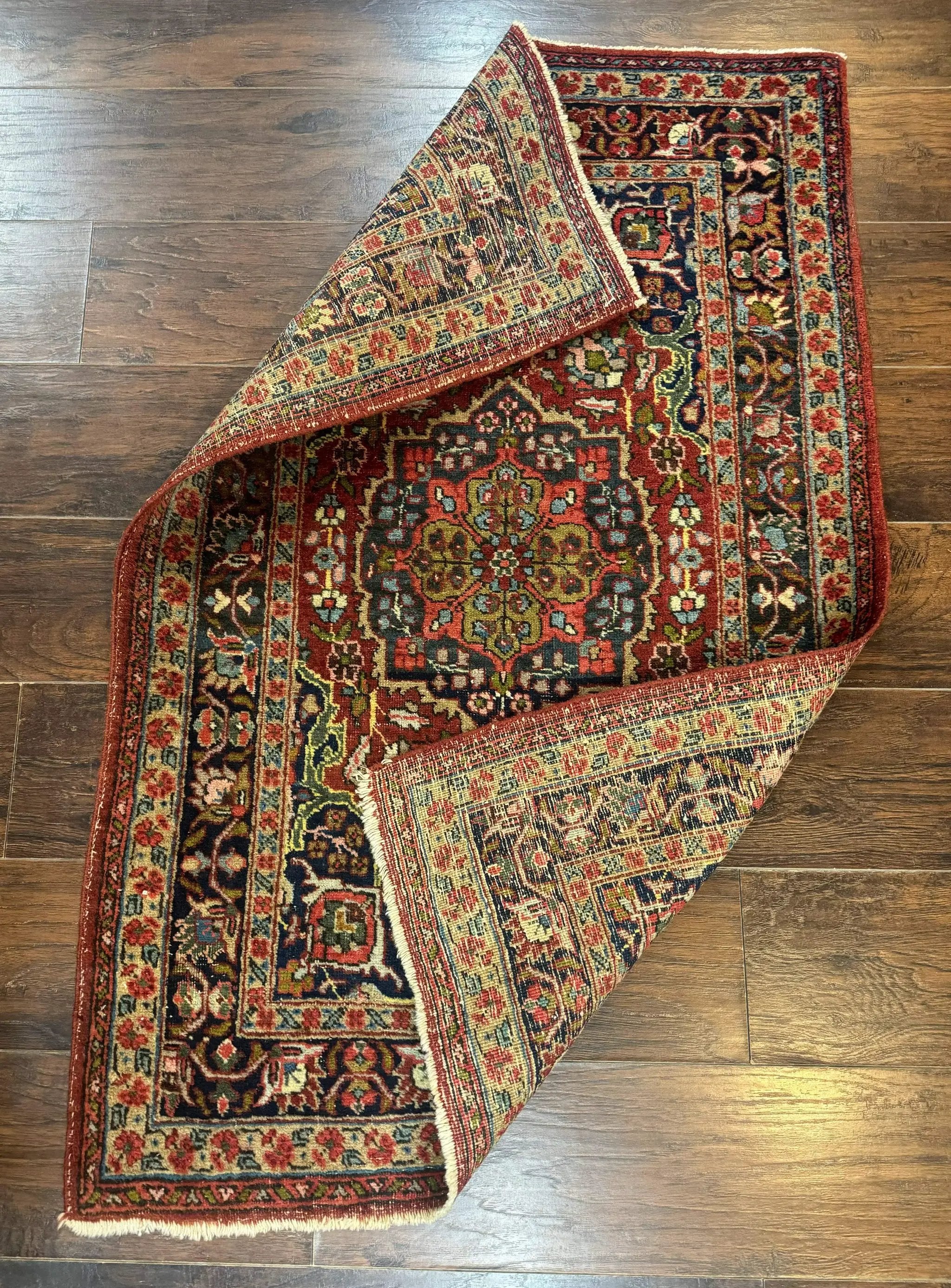Antique Persian Tabriz Rug 3x5, Brick Red Navy Blue, Floral Medallion, Small Persian Carpet by Jewel Rugs