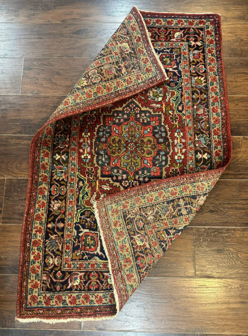 Antique Persian Tabriz Rug 3x5, Brick Red Navy Blue, Floral Medallion, Small Persian Carpet by Jewel Rugs
