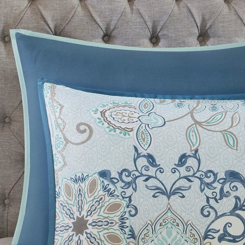 8 Piece Cotton Floral Printed Reversible Comforter Set Blue by HouseOfZazla