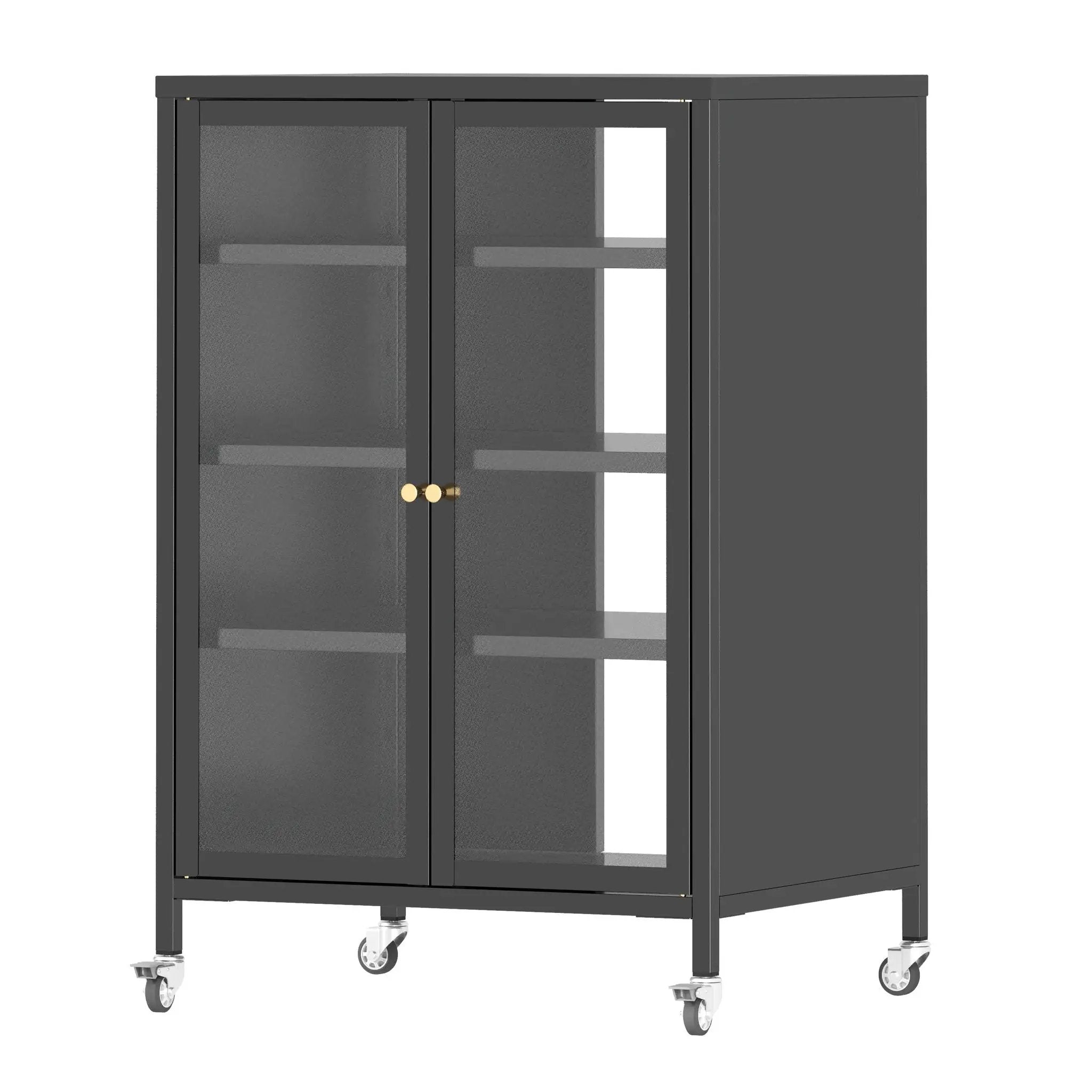 Media Storage Cabinet With Wheels, 4 Adjustable Glass Shelves & Door, Heavy-Duty - Black by Unique Piece Furniture