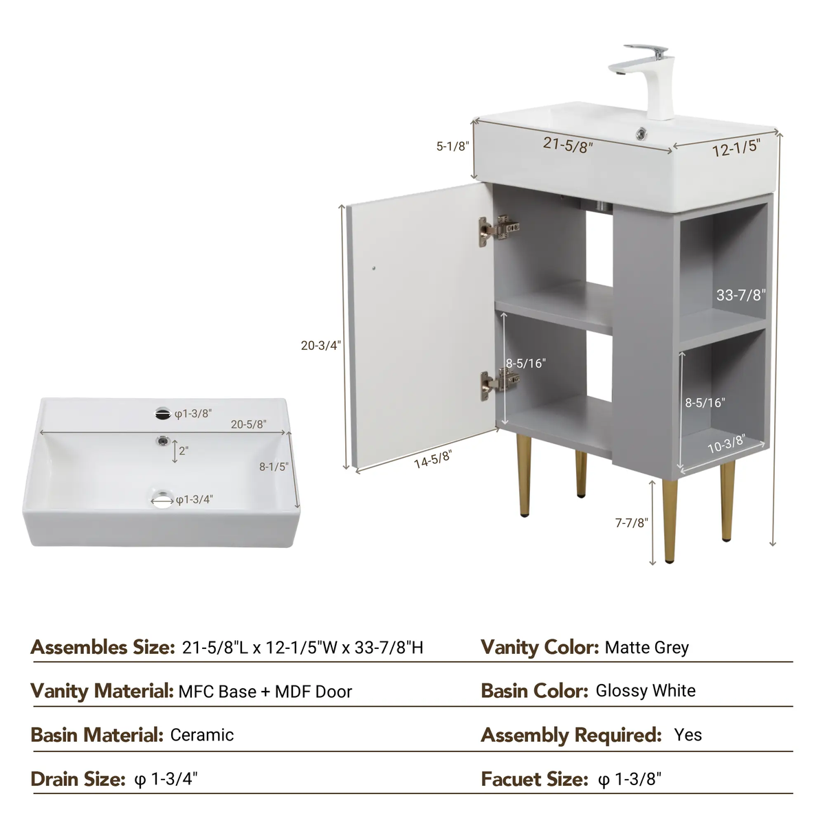 21.6" Open-Shelving Vanity with Ceramic Sink by HouseOfZazla