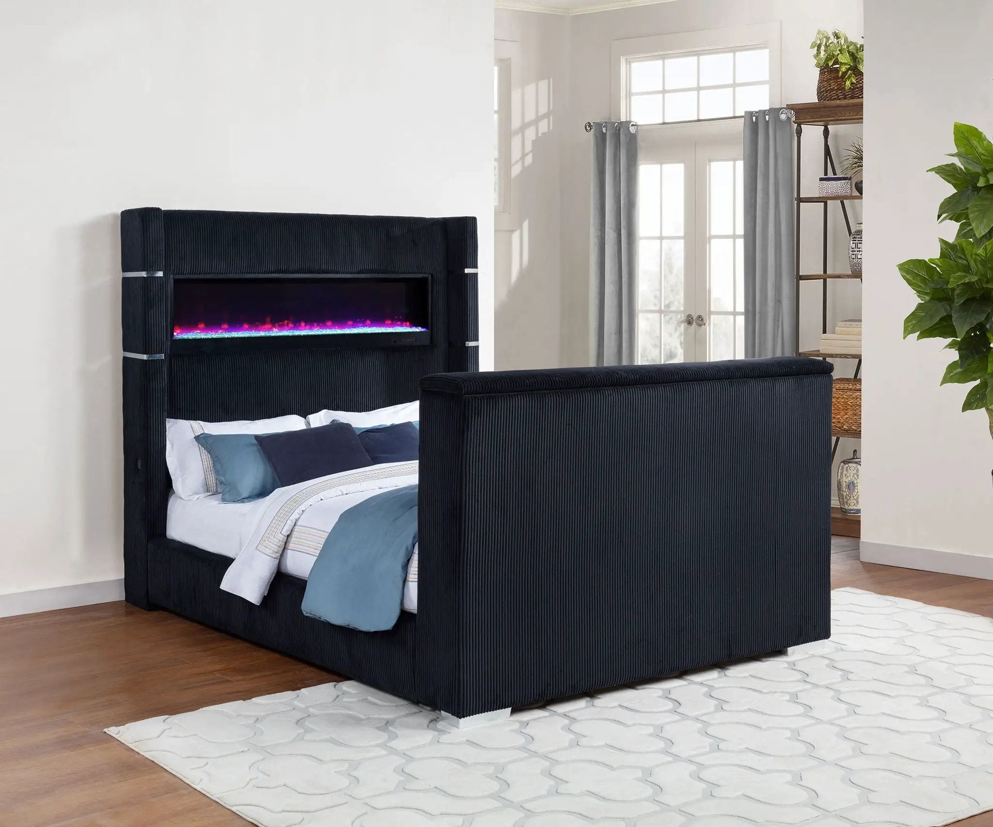 Tisdall Queen Flame Visualizer Wingback TV Bed Black by Unique Piece Furniture