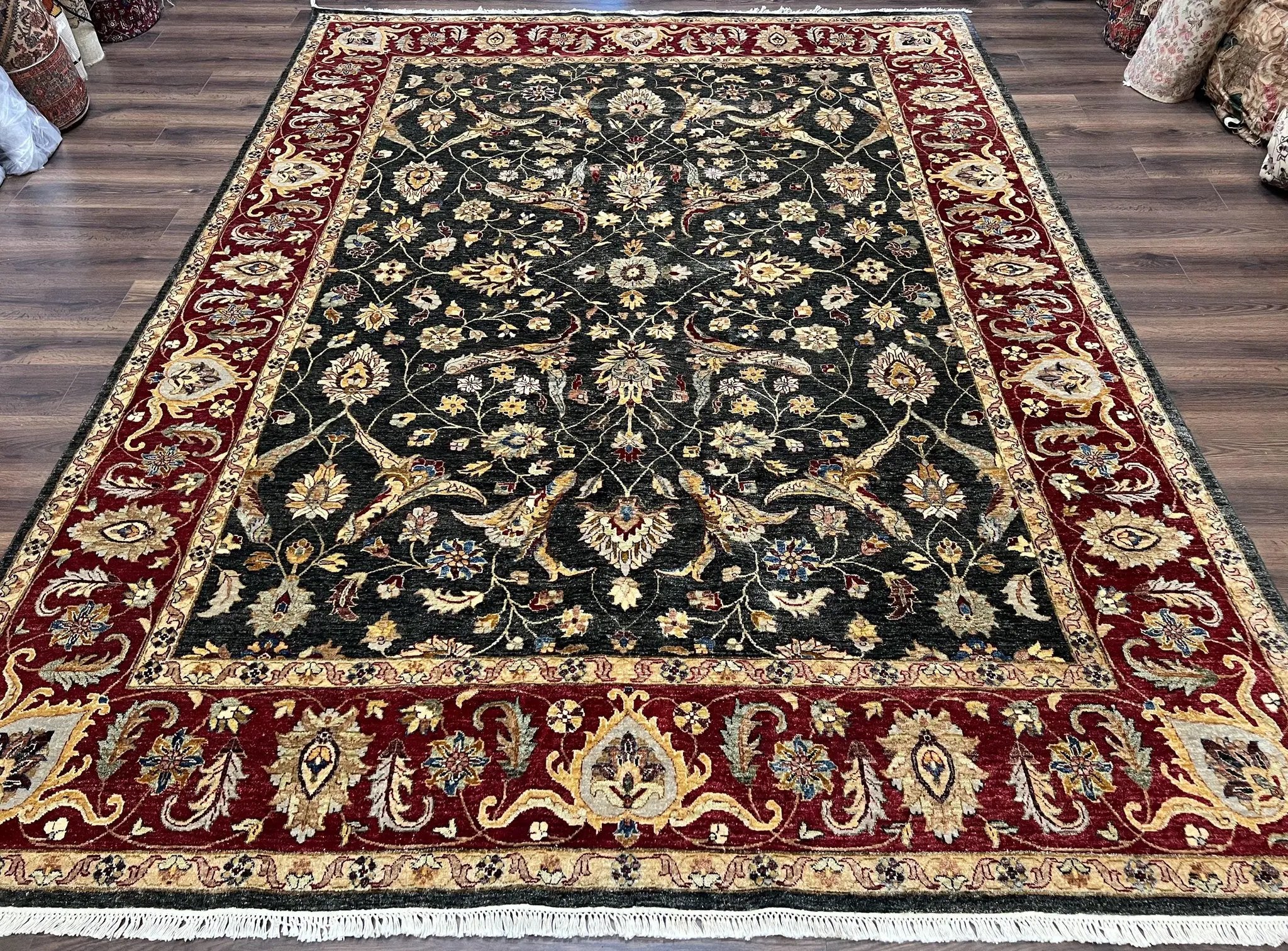 Pak Persian Mahal Rug 9x12, Allover Floral Pakistani Oriental Carpet 9 x 12, Wool Hand Knotted Area Rug, Dark Slate Gray-Black and Maroon by Jewel Rugs