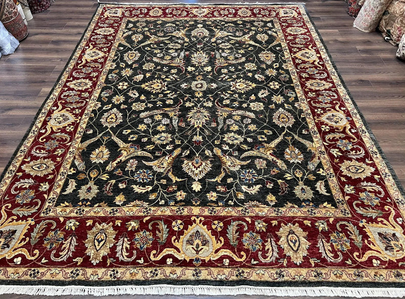 Pak Persian Mahal Rug 9x12, Allover Floral Pakistani Oriental Carpet 9 x 12, Wool Hand Knotted Area Rug, Dark Slate Gray-Black and Maroon by Jewel Rugs
