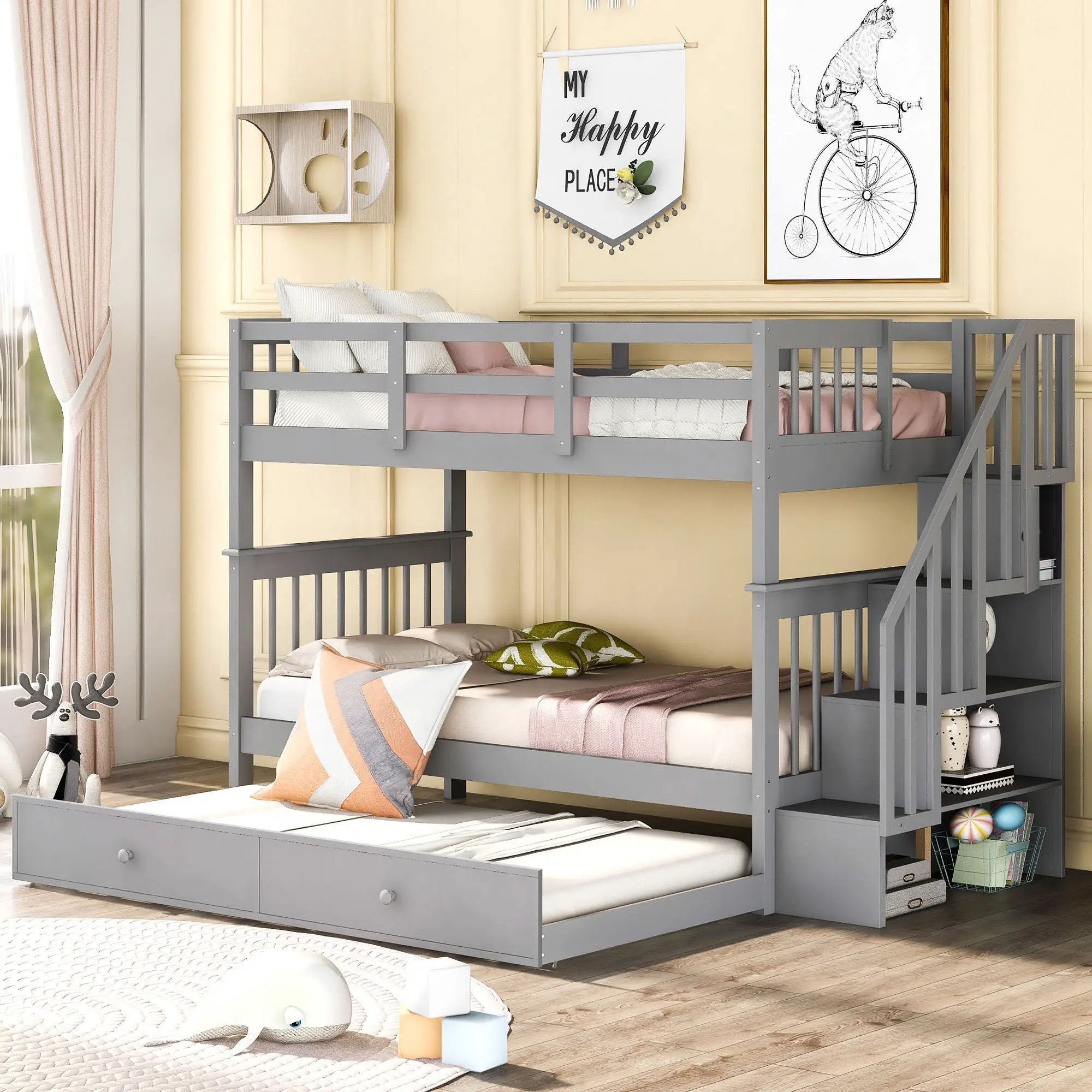 Stairway Bunk Bed With Storage And Guard Rail For Bedroom by HouseOfZazla