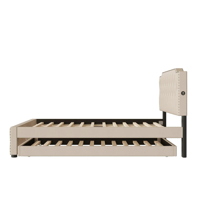 Upholstered Platform Bed With Trundle And 2 Sets Of USB Ports On Each Side, Fabric by HouseOfZazla
