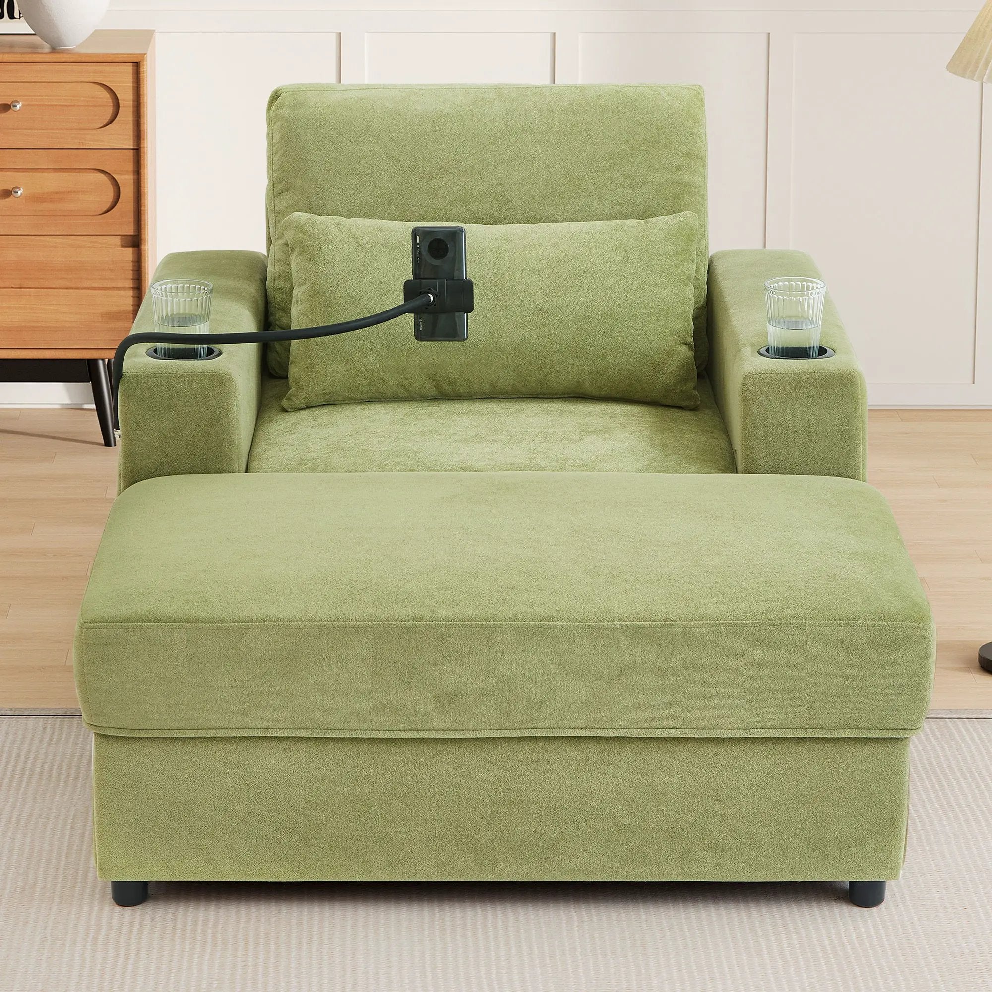 Modern Style Armchair Chaise Lounge Sofa Couch With Movable Storage Ottoman, USB Ports, Cup Holders, Phone Holder, Side Pockets by HouseOfZazla