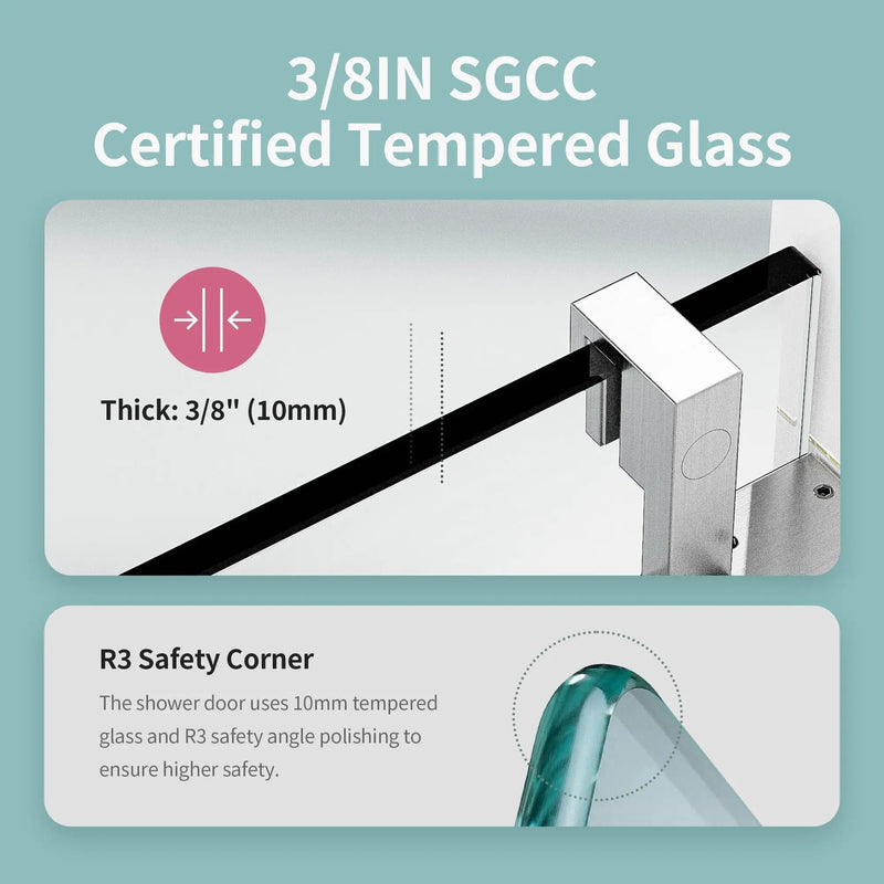 Frameless Single Sliding Soft Close Shower Doors, 3 / 8" Tempered Glass Reversible Installatio