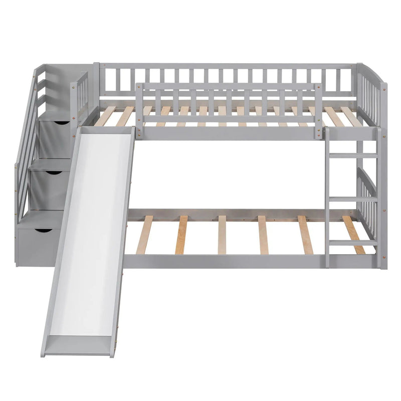 Twin Over Twin Bunk Stairway Bed With 2 Drawers And Slide - Gray by HouseOfZazla