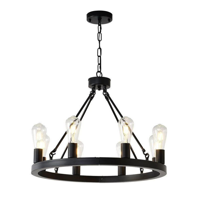 6 Light (No Bulbs) Wagon Wheel Chandelier Farmhouse Modern Small Round Chandelier For Living Room Kitchen Island Foyer Hallway Entryway Bedroom Dining Room Light Fixture Ceiling Hanging - Matte Black by HouseOfZazla