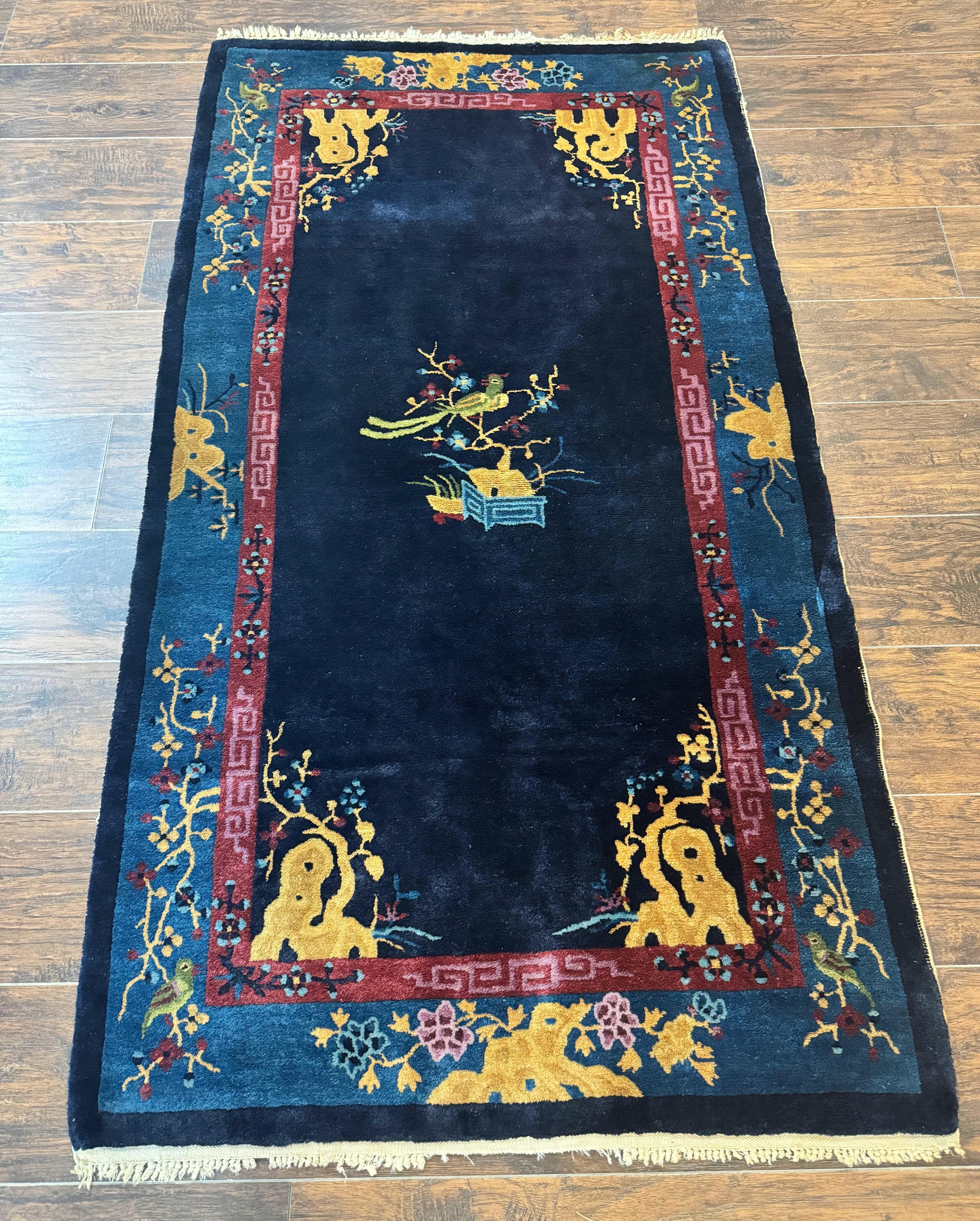 Antique Chinese Peking Rug 3x6, Dark Blue, Bird Motif, Handmade Wool Art Deco Asian Oriental Carpet, Pair B by Jewel Rugs