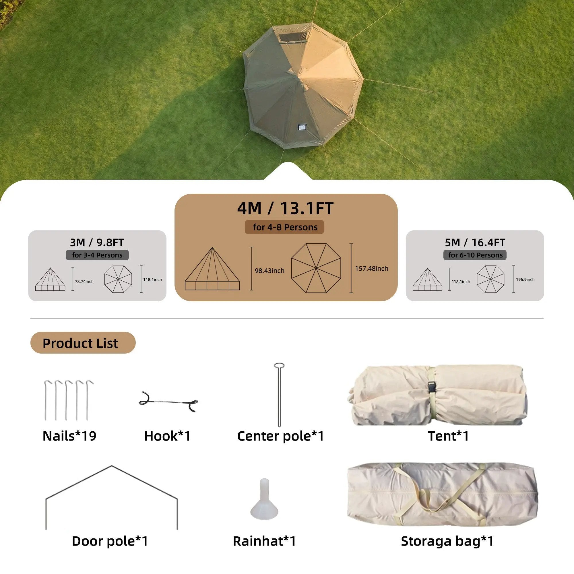 4 Season Bell Tent 13.1FT, Beige Waterproof Glamping Yurt Tent by HouseOfZazla