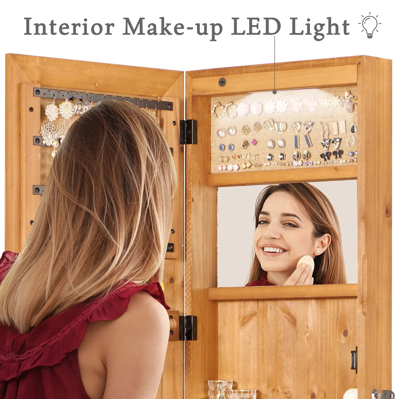 Jewelry Armoire Organizer With Full Length Mirror, Wall Mounted Lockable Cabinet With LED Light by HouseOfZazla