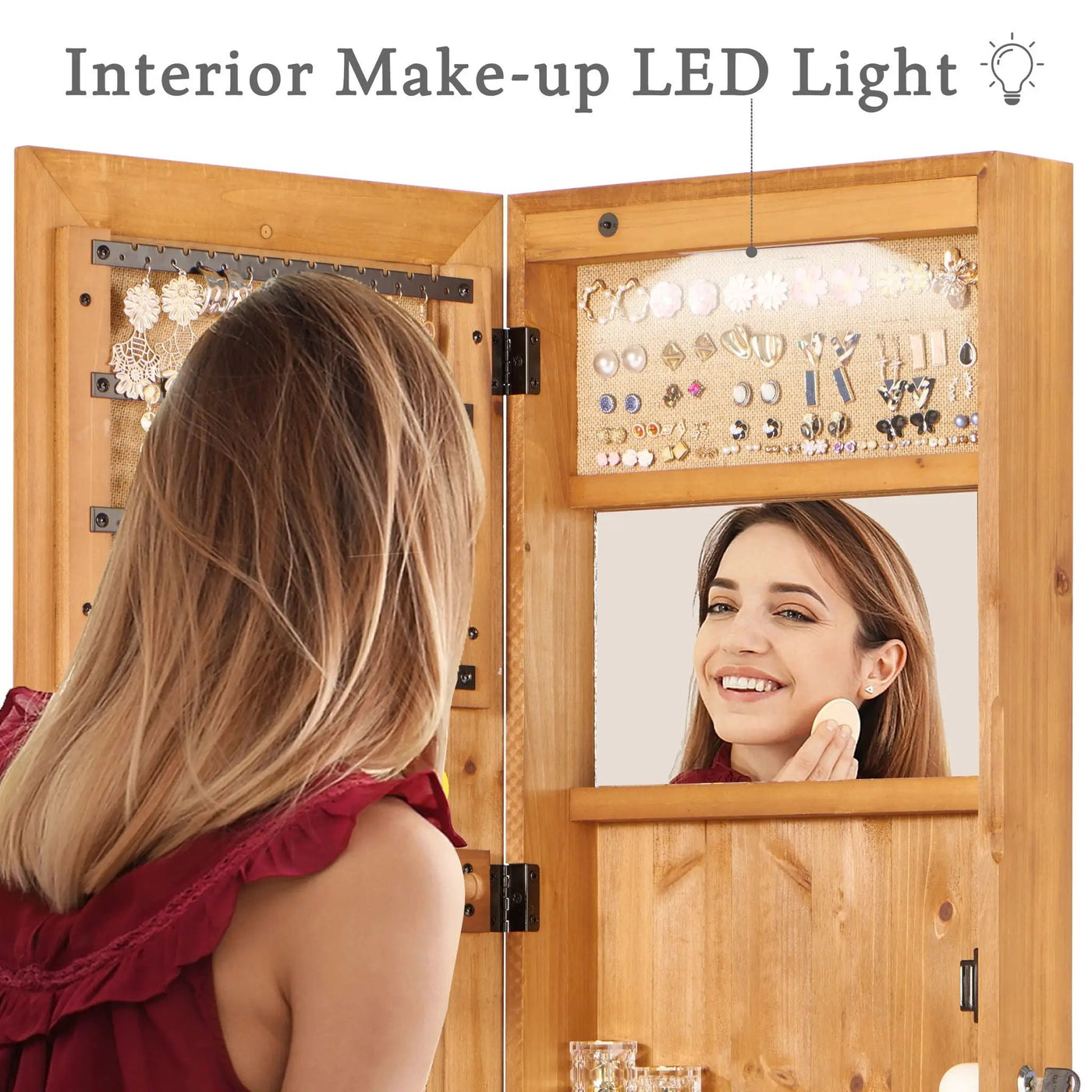 Jewelry Armoire Organizer With Full Length Mirror, Wall Mounted Lockable Cabinet With LED Light by Unique Piece Furniture
