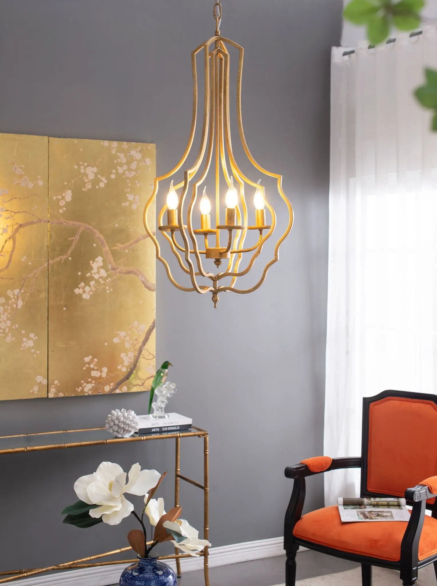 4 Light Chandelier, Hanging Light Fixture With Adjustable Chain For Kitchen, Bulb Not Included - Gold by Unique Piece Furniture