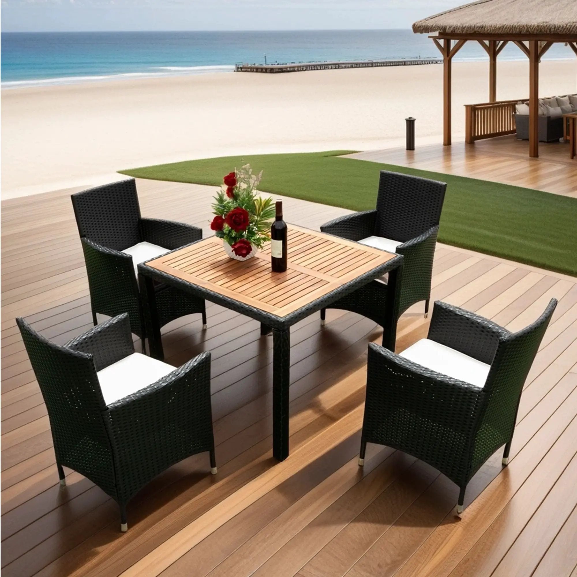 Outdoor Patio Wicker Dining Set With Acacia Wood Top by Unique Piece Furniture