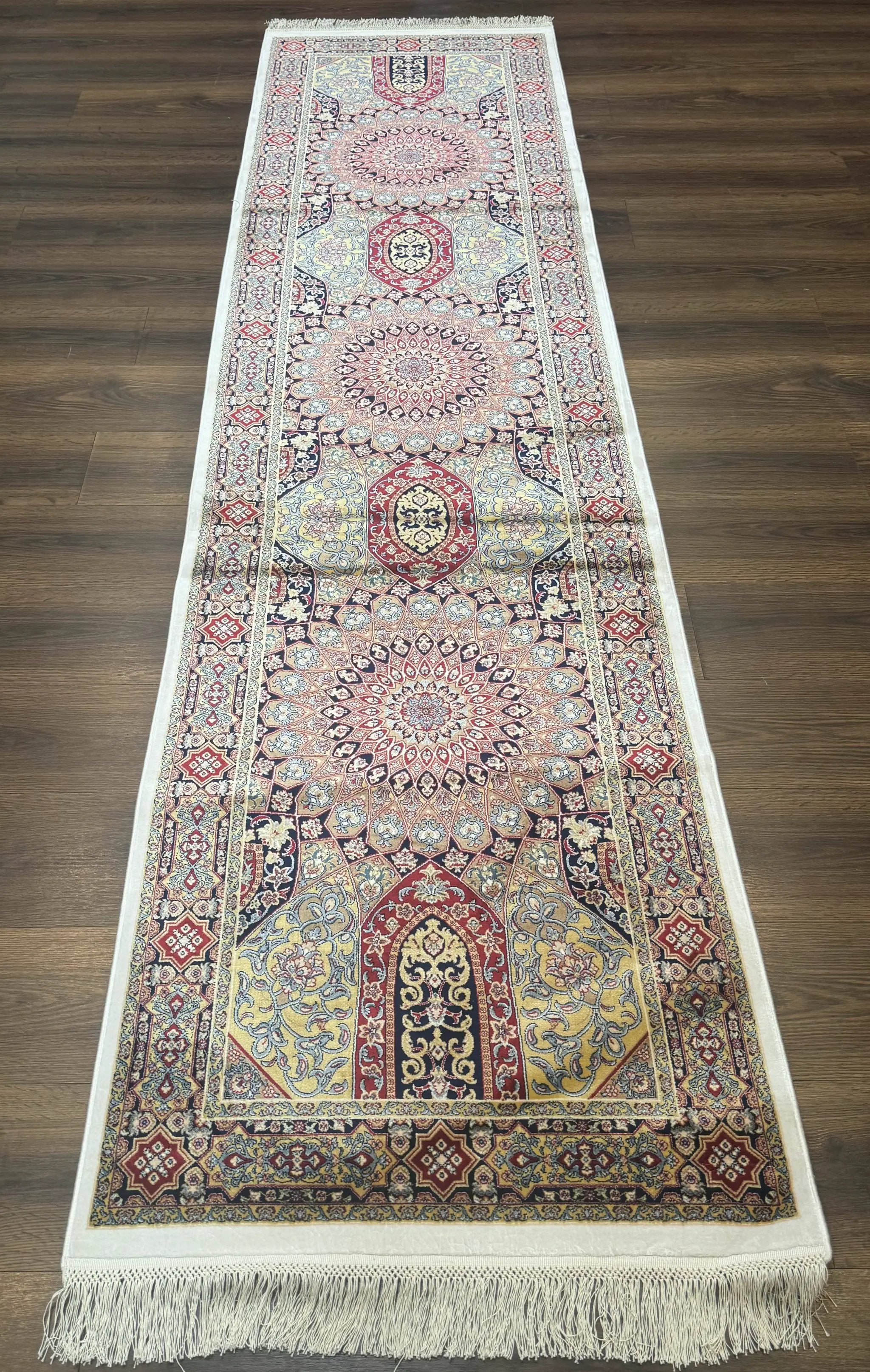 Turkish Silk Runner Rug 2.6 x 10, Dome Design, Hereke Runner, Bamboo Silk, New by Jewel Rugs