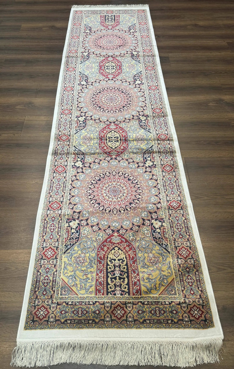 Turkish Silk Runner Rug 2.6 x 10, Dome Design, Hereke Runner, Bamboo Silk, New by Jewel Rugs