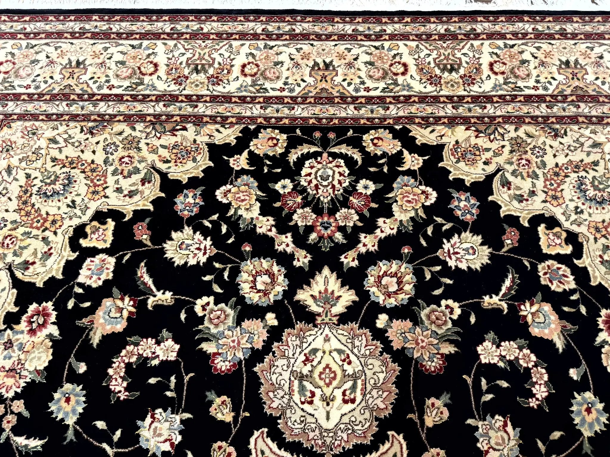 Sino Persian Rug 9x12, Black and Beige, Floral Medallion, Wool & Silk, Handmade by Jewel Rugs