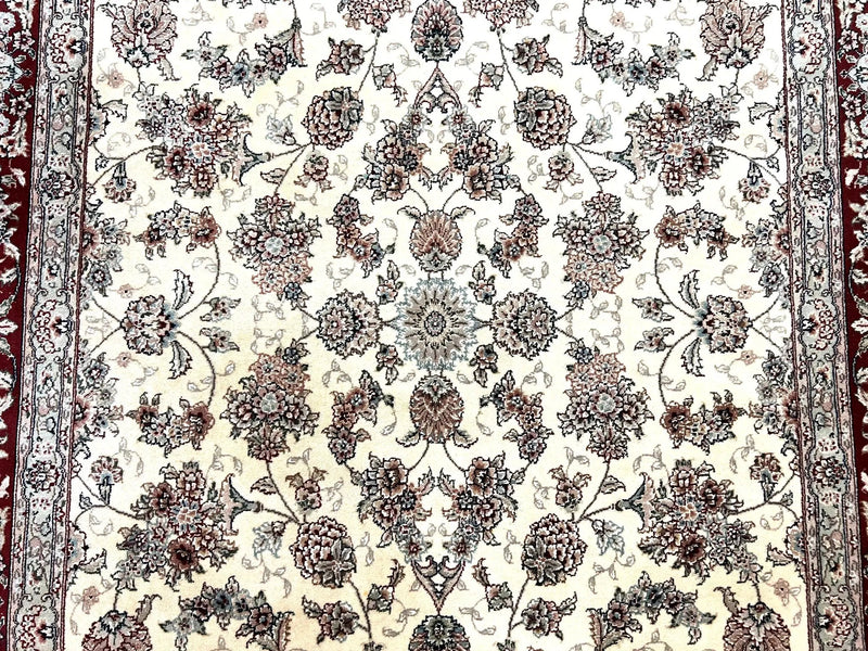 Pak Persian Rug 6x9, Floral Allover Carpet 6 x 9 ft, Cream and Maroon Hand Knotted Wool and Silk Fine Oriental Rug, Traditional Vintage Rug by Jewel Rugs