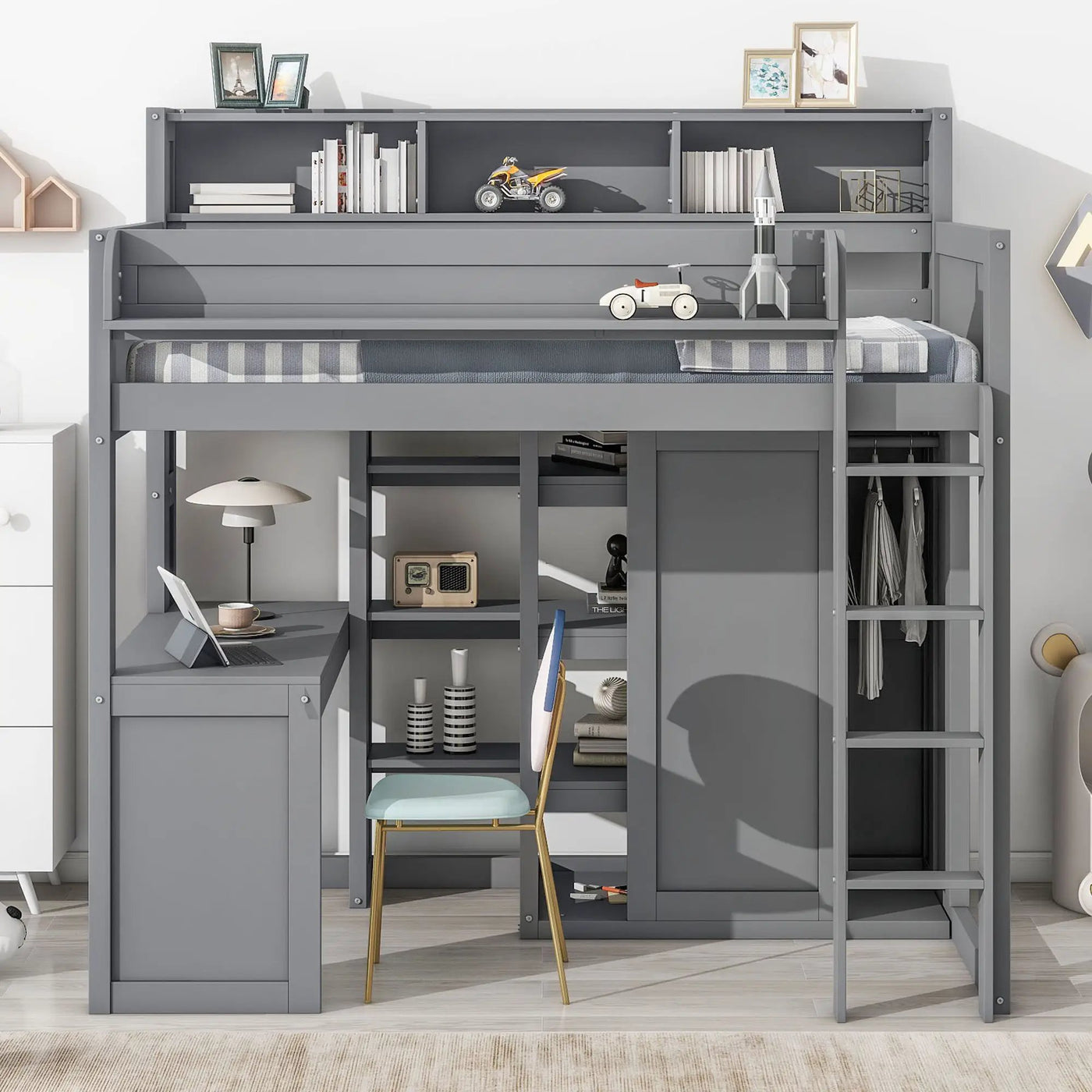Loft Bed With Built In Desk, Storage Shelves, And Wardrobe by HouseOfZazla