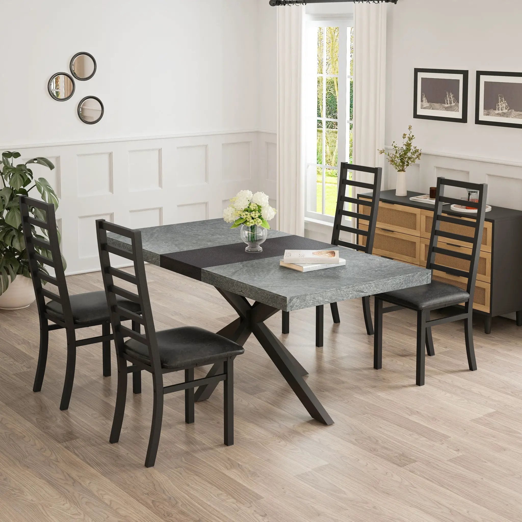 Rectangular Stretch Dining Table With 4 Chairs - Black / Gray by HouseOfZazla