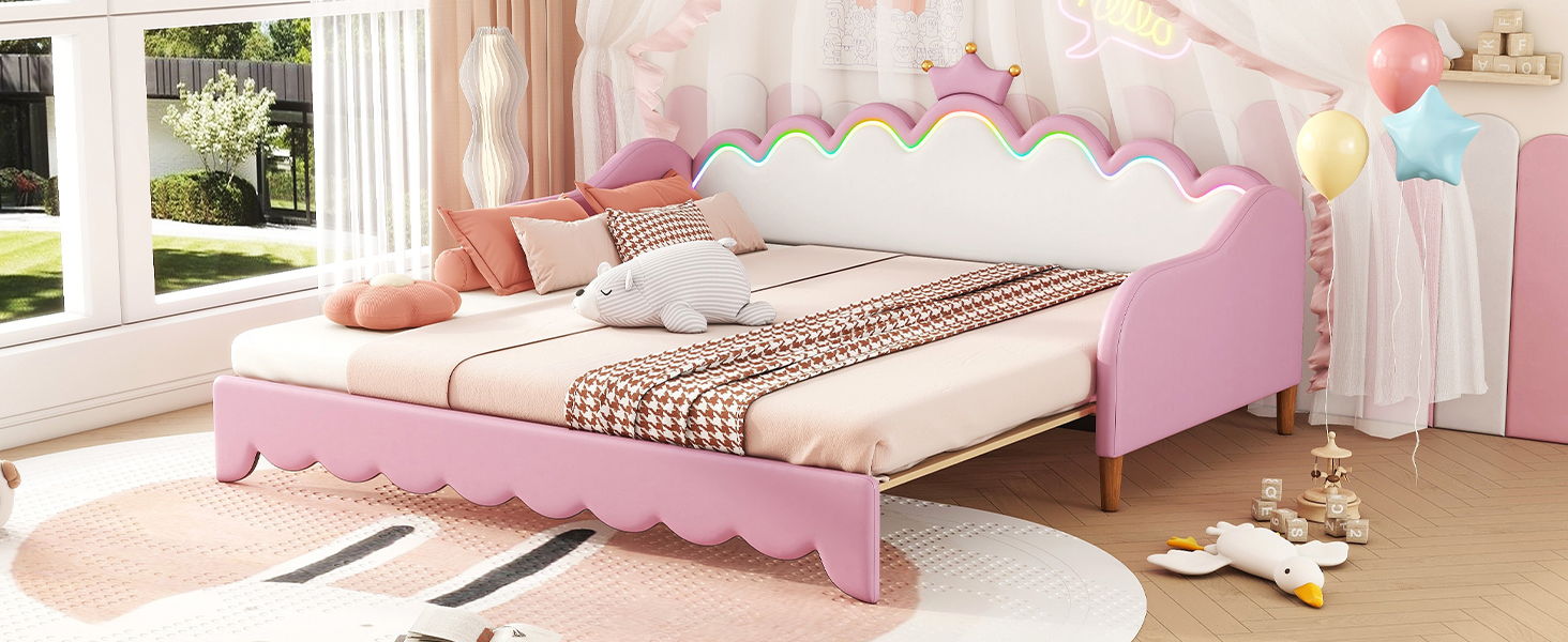 Extending Daybed With LED Lights, Modern Upholstered Princess Daybed With Crown Headboard by HouseOfZazla