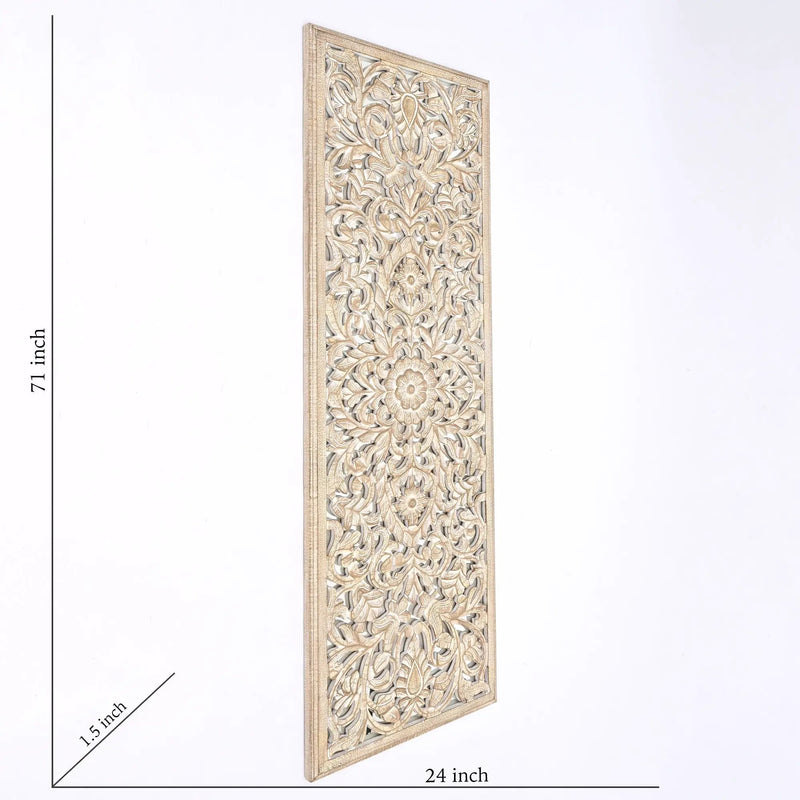 Floral Hand Carved Mandala Rectangle Wall Decor With Mirror - Antique Brown / White by HouseOfZazla