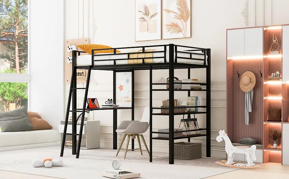 Loft Metal Bed With 3 Layers Of Shelves And Desk, Stylish Metal Frame Bed With board by HouseOfZazla