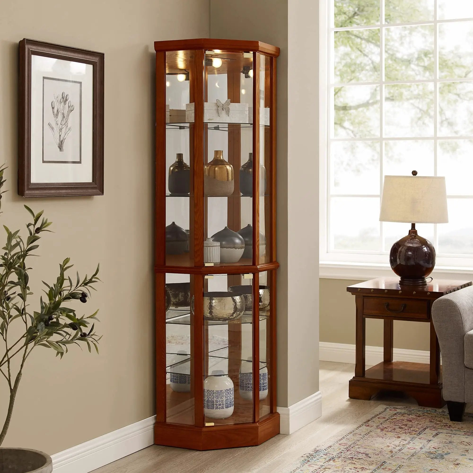 6 Shelf Lighted Corner Curio Cabinet With Adjustable Tempered Glass Shelves And Mirror Back (E26 Light Bulb Not Included) by Unique Piece Furniture